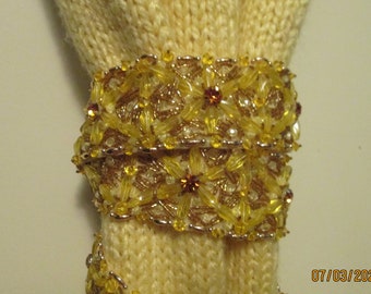 70s Glass Beaded Sash Trim Yellow Gold Floral 3 Yards