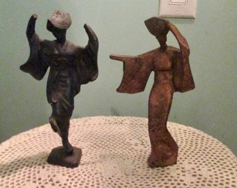 Mid Century Asian Cast Iron Statues Geisha Thai Dancers