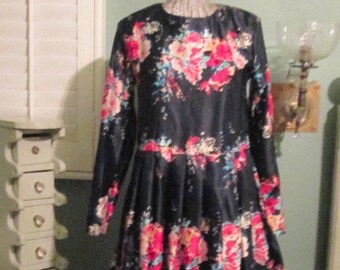 Vintage 70s Black Floral Dress Pink Red Roses Adorable