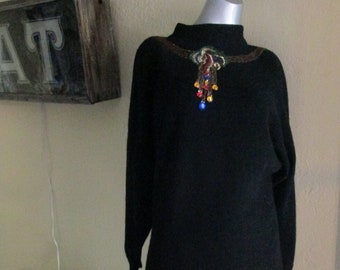 Vintage Large Sweater Jewel Collar Black Long Angora Lambswool