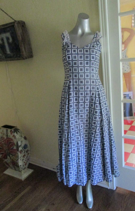 Vintage 70s Wiggle Sun Dress Navy White - image 2