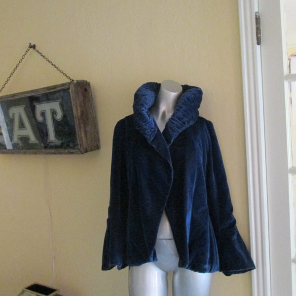 Antique Blue Velvet Jacket With High Pleated Collar / Victorian Royal Blue Dressy Jacket