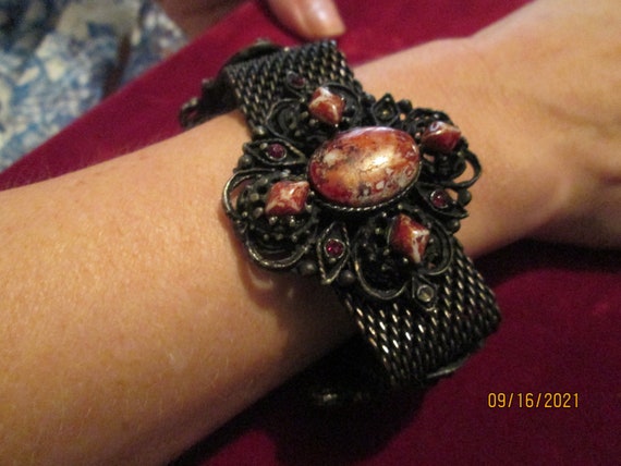 1960s Orange Stone Bracelet Black Mesh Chain - image 1