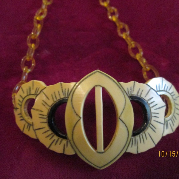 40s Deco Celluloid Necklace Belt Buckle Pendant Necklace