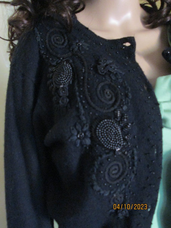 1950s Black Dressy Cardigan Beaded Sequin Appliqu… - image 2