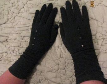 60s Black Gloves  Mid Length Button Decor / Size 6 1/2