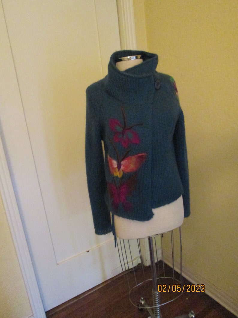 1970s Hand Knit Mohair Teal Cardigan Colorful Butterflies image 1