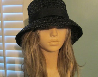 Vintage 1950s Black Straw Brim Hat Big Bow Union Label