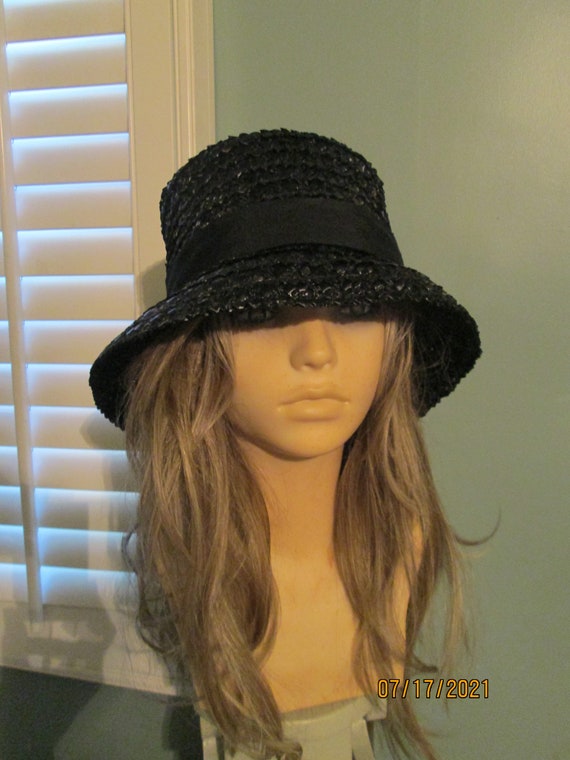 Vintage 1950s Black Straw Brim Hat Big Bow Union L