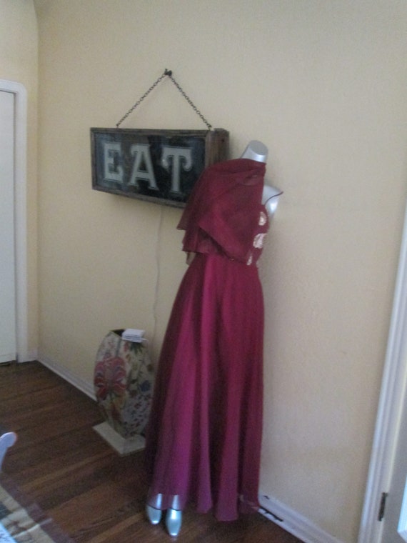 Vintage Gown With Cape Gold Brocade Maroon Gown - image 8