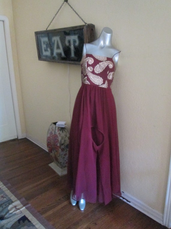 Vintage Gown With Cape Gold Brocade Maroon Gown - image 2