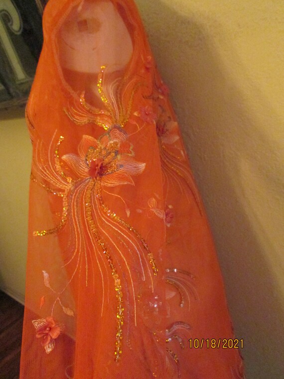 Vintage Orange Sequin Satin Tunic Dress Sheer Sle… - image 4