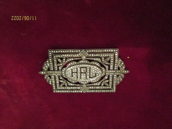 1940s Art Deco Initial HRL Sterling Marcasite Onyx Brooch