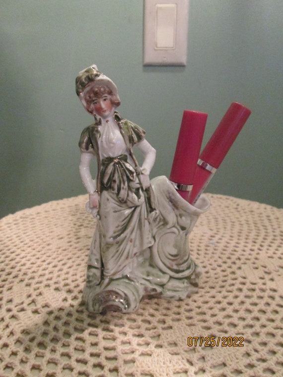 50s Lipstick Holder Porcelain Victorian Lady Vanit