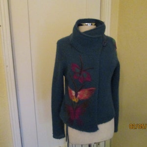 1970s Hand Knit Mohair Teal Cardigan Colorful Butterflies image 6