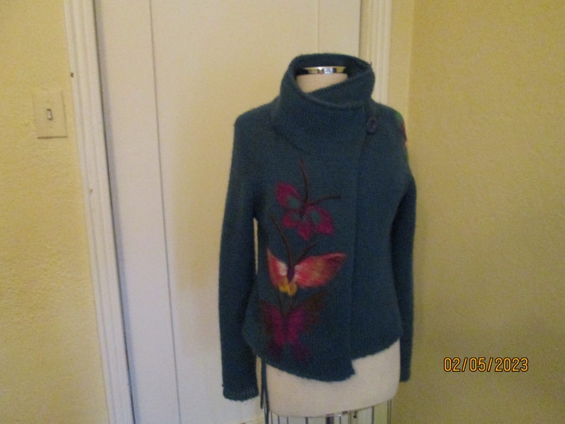 1970s Hand Knit Mohair Teal Cardigan Colorful Butterflies image 6