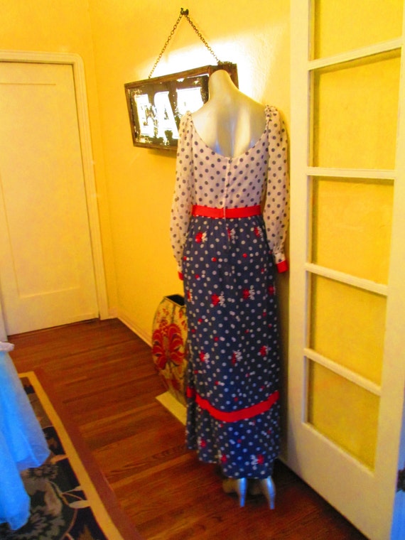 60s Elinor Gay Polka Dot Maxi Dress Red White Blue - image 4