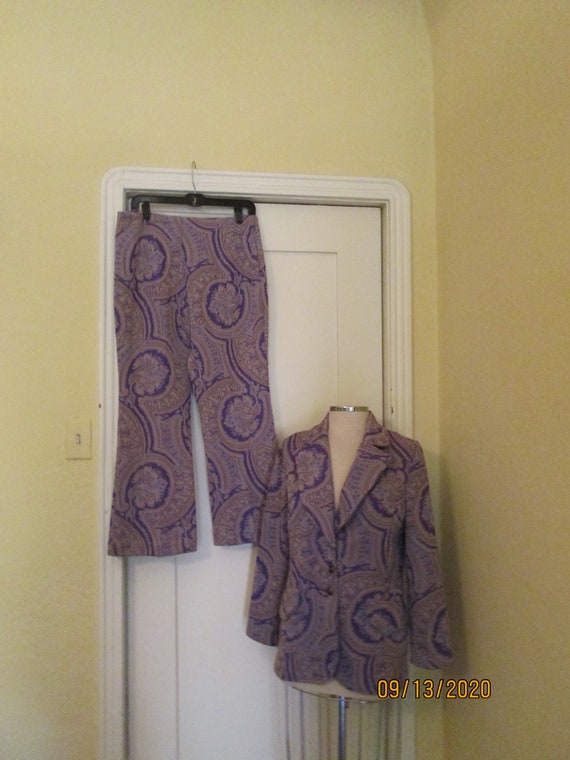 1970 Mod Purple Abstract Pantsuit Bell Bottoms L