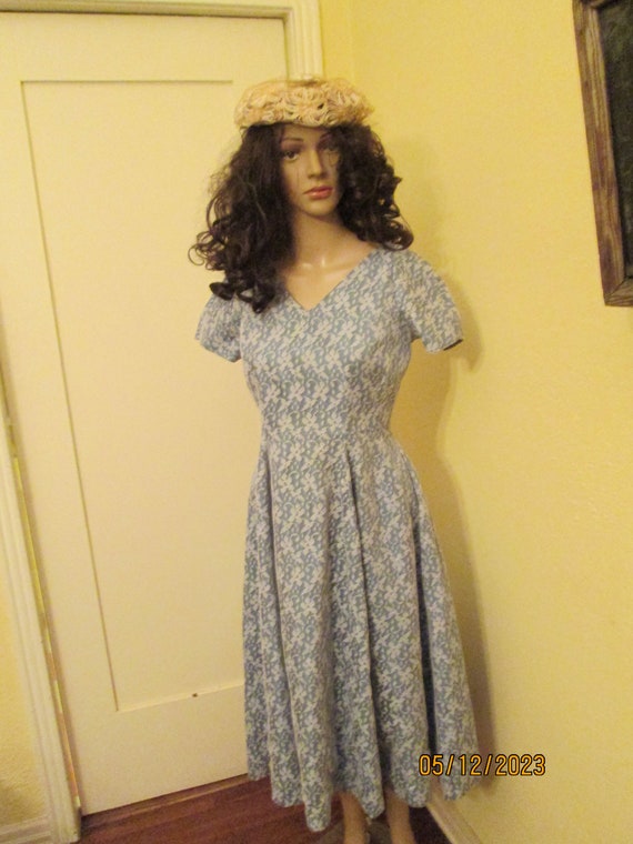 50s Lace Dress Blue White Tea Dress - image 3