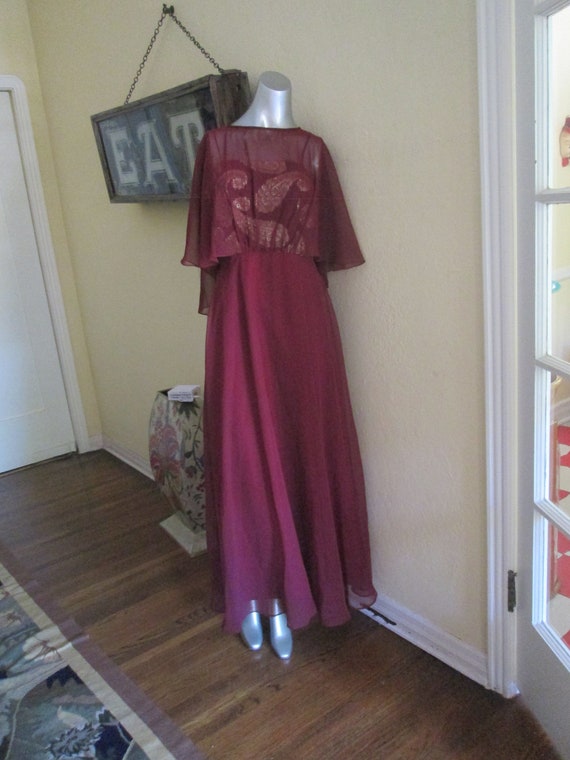 Vintage Gown With Cape Gold Brocade Maroon Gown - image 1