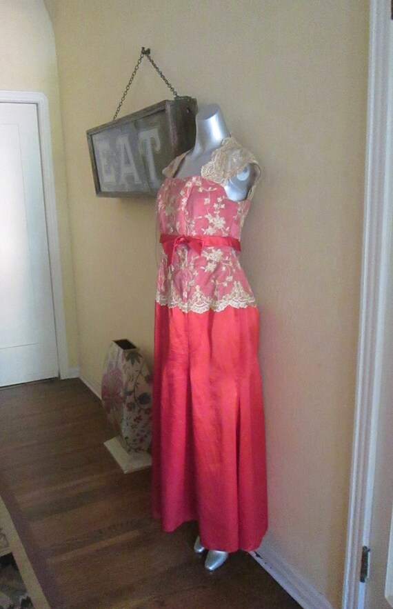 Vintage Orange Gold Gown Lace Pearl Gown / Empire… - image 3