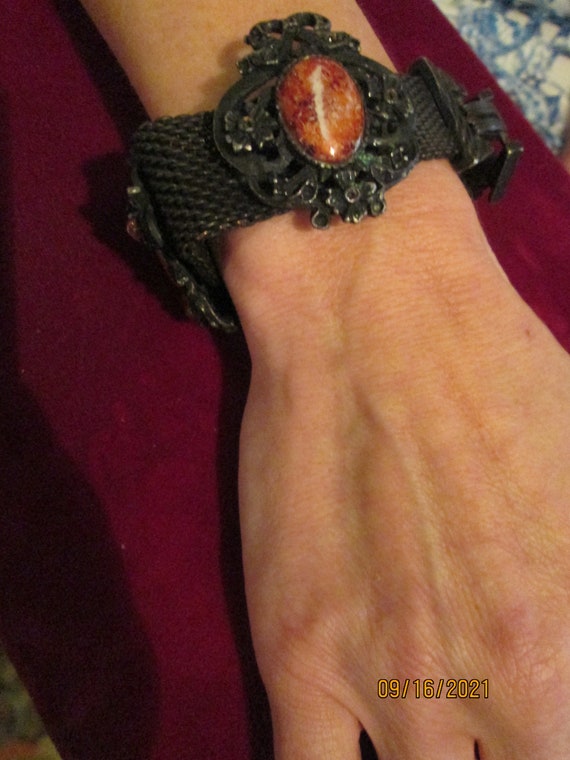 1960s Orange Stone Bracelet Black Mesh Chain - image 3