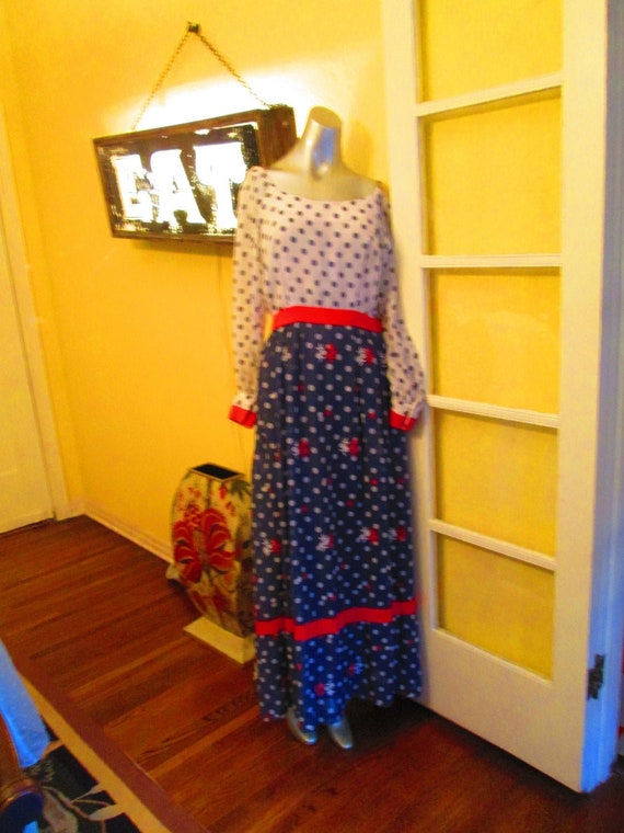 60s Elinor Gay Polka Dot Maxi Dress Red White Blue