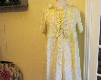 1950s Yellow Floral Cotton Dress M L