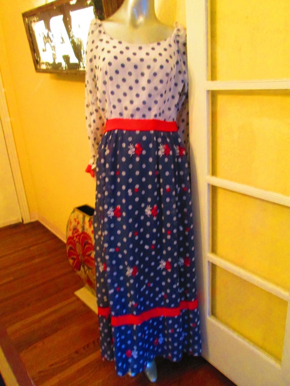 60s Elinor Gay Polka Dot Maxi Dress Red White Blue - image 3