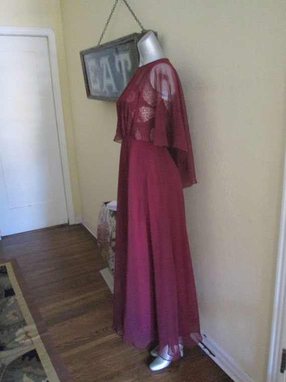 Vintage Gown With Cape Gold Brocade Maroon Gown - image 4