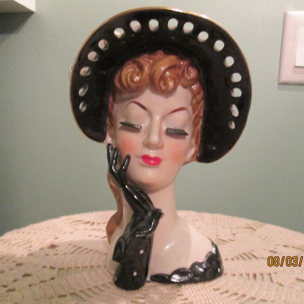 50s Napco Lady Head Vase / Large / Big Black Hat Polkadot Dress / Black Gloves