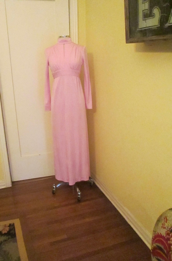 Vintage 1960s Pink Gown Empire Bodice Mock Turtle… - image 1