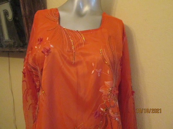 Vintage Orange Sequin Satin Tunic Dress Sheer Sle… - image 5