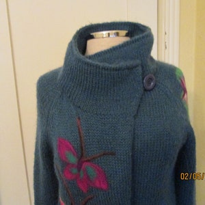 1970s Hand Knit Mohair Teal Cardigan Colorful Butterflies image 2