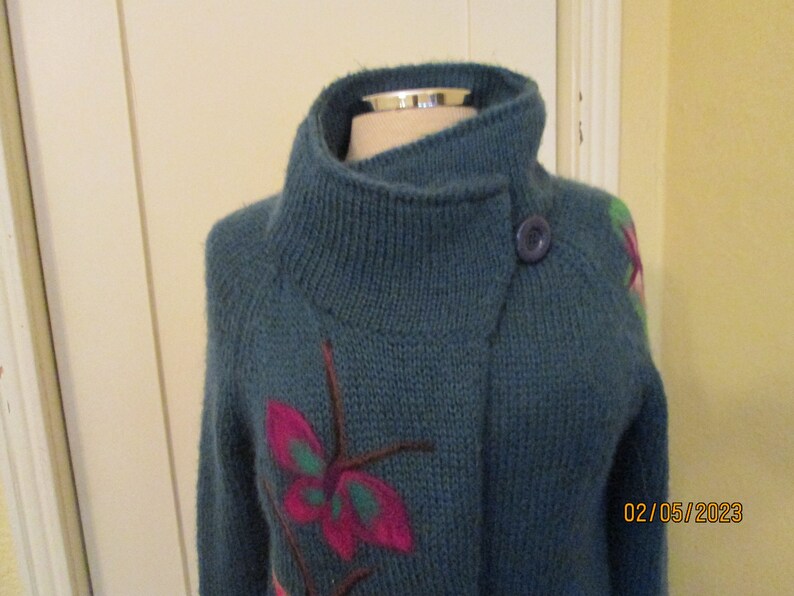 1970s Hand Knit Mohair Teal Cardigan Colorful Butterflies image 2