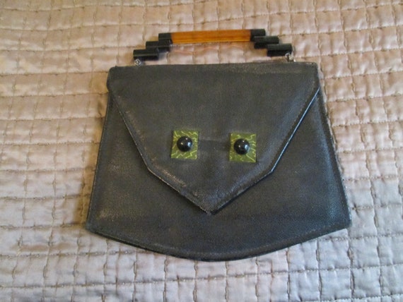 Art Deco 1930s Leather Black Purse Lucite Handle E