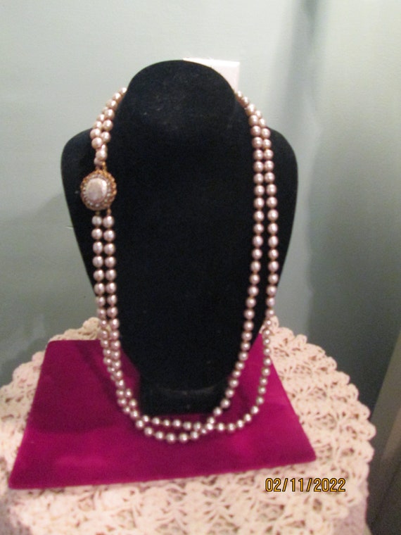 Miriam Haskell Signed Double Pearl Necklace Long … - image 1