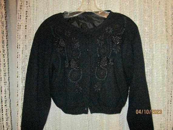 1950s Black Dressy Cardigan Beaded Sequin Appliqu… - image 1