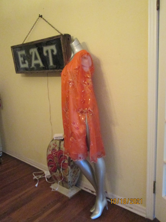 Vintage Orange Sequin Satin Tunic Dress Sheer Sle… - image 6