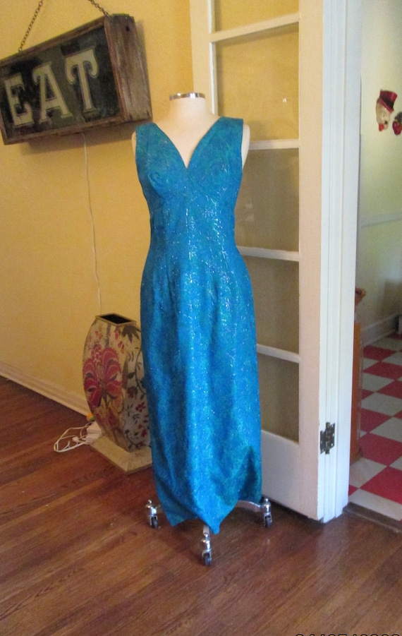 Vintage 60s Elinor Gay Electric Blue Silver Gown