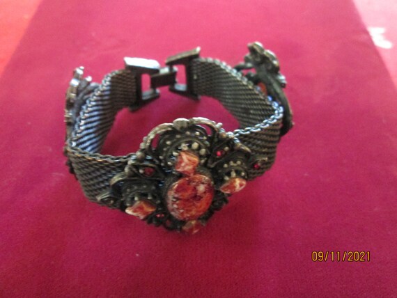 1960s Orange Stone Bracelet Black Mesh Chain - image 5