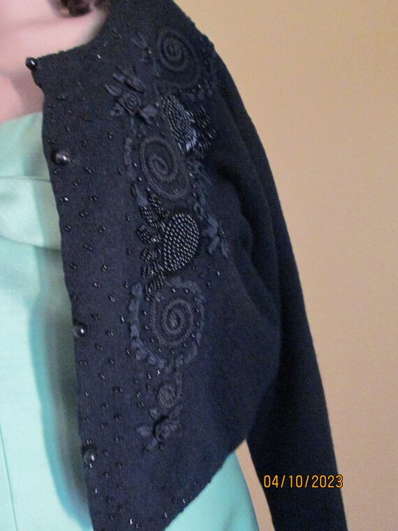 1950s Black Dressy Cardigan Beaded Sequin Appliqu… - image 3