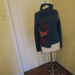 1970s Hand Knit Mohair Teal Cardigan Colorful Butterflies image 7