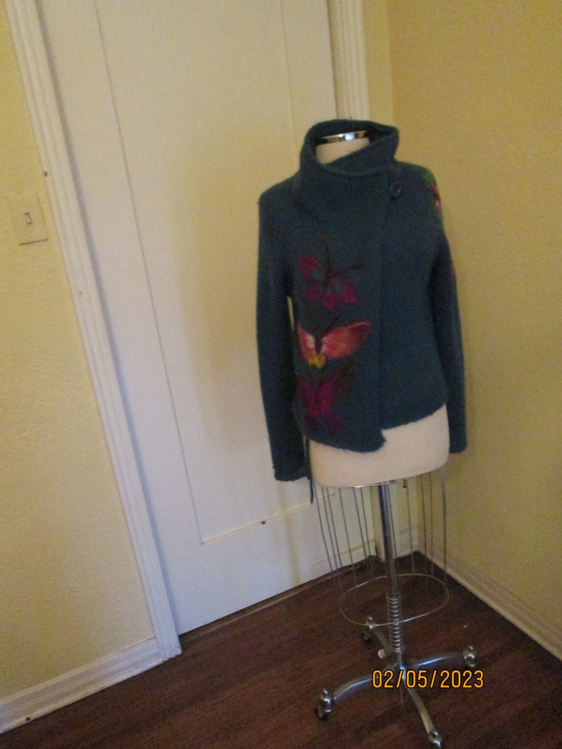 1970s Hand Knit Mohair Teal Cardigan Colorful Butterflies image 7