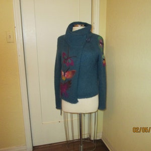 1970s Hand Knit Mohair Teal Cardigan Colorful Butterflies image 9