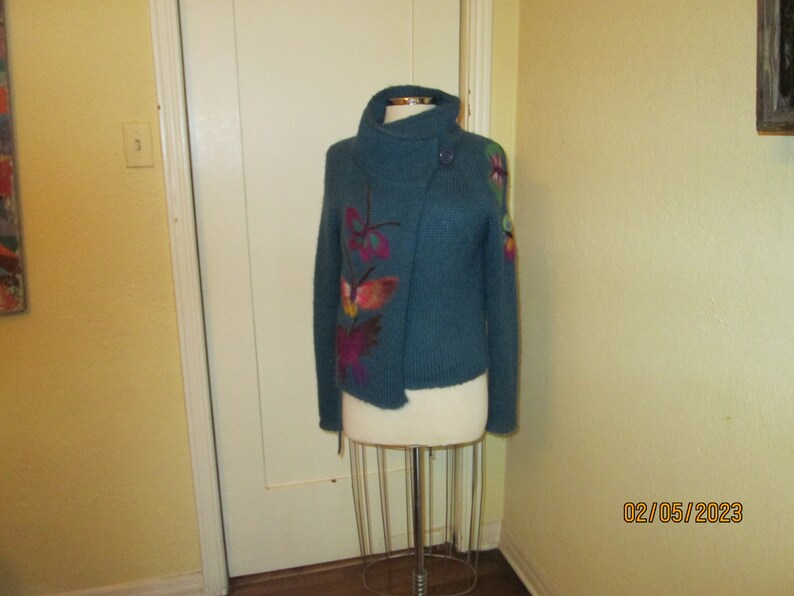 1970s Hand Knit Mohair Teal Cardigan Colorful Butterflies image 9