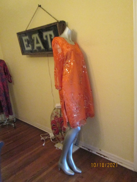 Vintage Orange Sequin Satin Tunic Dress Sheer Sle… - image 8