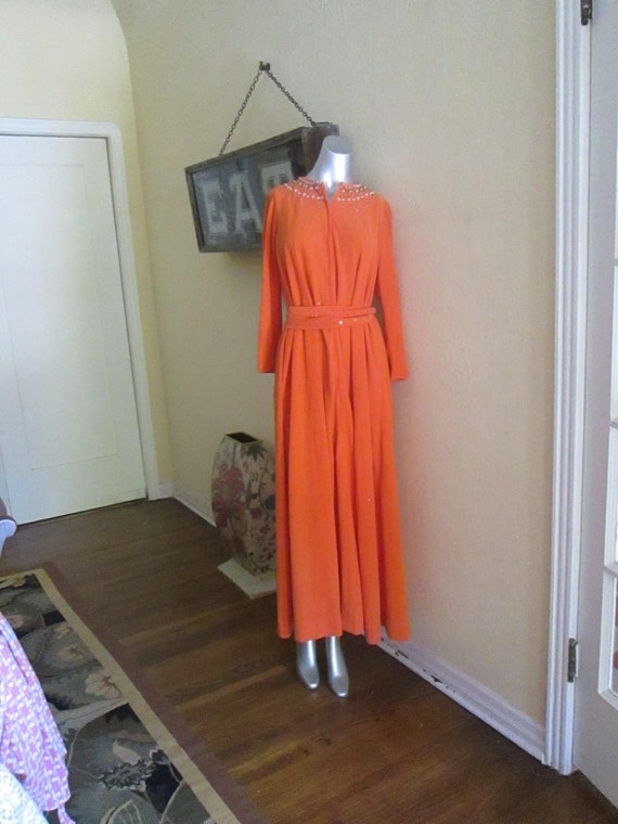 Vintage Hostess Robe Dressing Gown Orange Jewel N… - image 2