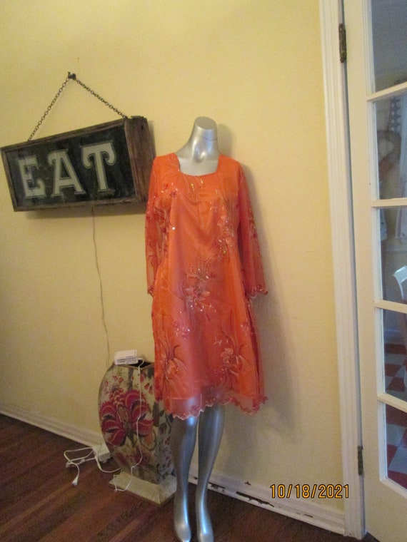 Vintage Orange Sequin Satin Tunic Dress Sheer Sle… - image 1