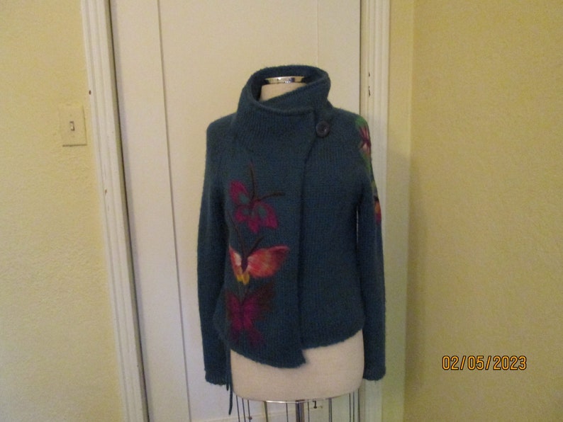 1970s Hand Knit Mohair Teal Cardigan Colorful Butterflies image 5